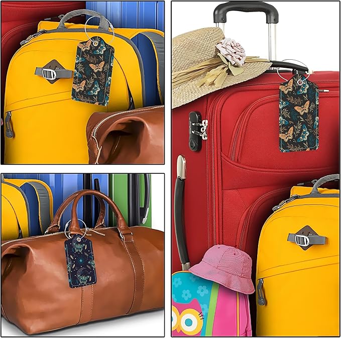 Boho Magic Space Elements Stars 2 Pack PU Leather Luggage Tags with Stainless Steel Loop, Funny Butterflies Travel Labels with Privacy Cover ID Label for Quick Spotting