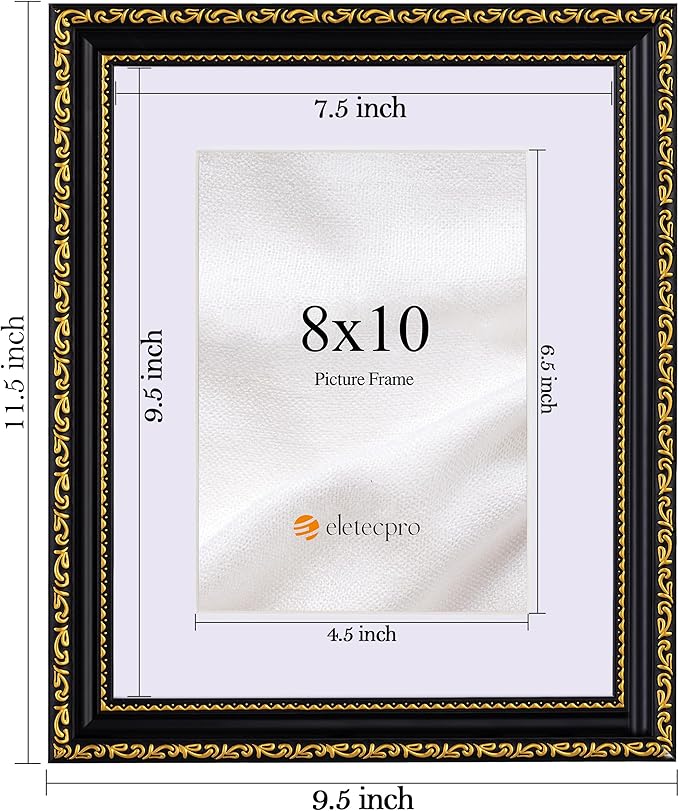 eletecpro 8x10 Picture Frames Set of 4, Vintage Photo Frame with Glass Cover, Gothic Frames 8 x 10 Display 5x7 Photo with Mat or 8x10 without Mat for Tabletop or Wall Decor, Black Gold