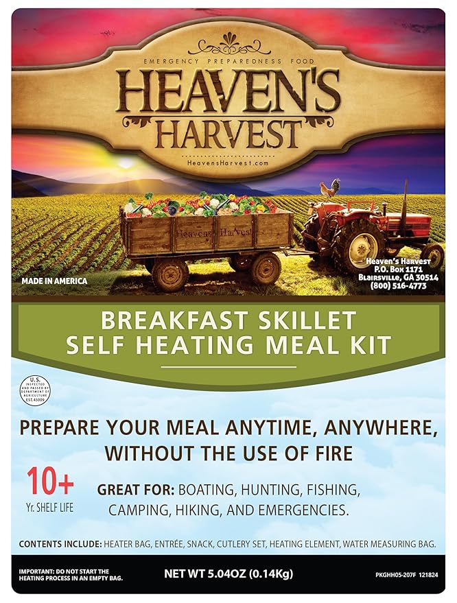 Heaven's Harvest Self-Heating Emergency Meal Kit (10 Year Shelf Life) — Tastier than MRE Meals & Ready-To-Eat in Minutes! Just add water to activate the “cooking” process. (Breakfast Skillet, 12-Pack)