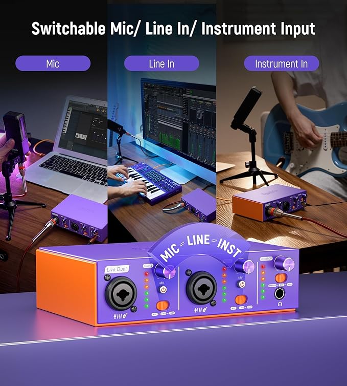 Synido Live Duet USB C Audio Interface for Recording Music, Streaming, Podcasting with Dual XLR, Line Input, 24bit/48kHz, 48V Phantom Power, 2-channel, Purple
