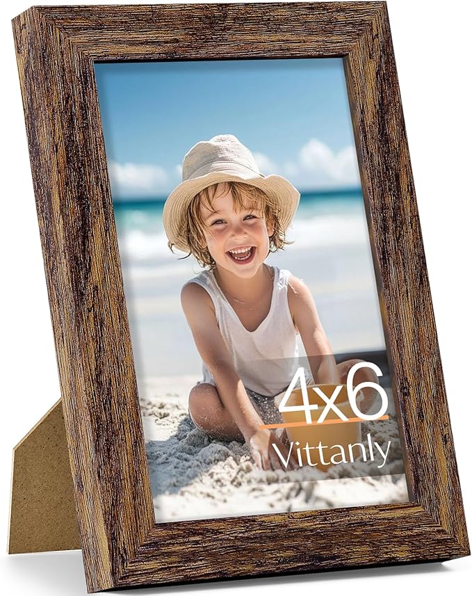 Vittanly 4x6 Picture Frame, Made of Solid Wood and Shatterproof Plexiglass, Wooden Photo Frame for Wall Mounting or Tabletop Display, Picture Frame for Home Decor with Stand, Dark Brown, 1 Pack