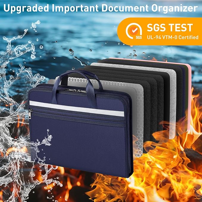 5200℉ Fireproof Document Organizer with 13 Accordion Expanding File Folder, Aluminum Foil Zipper Binder with 30 A4/Letter Sheet Protector, Binder for School Office Home Storage (Blue)