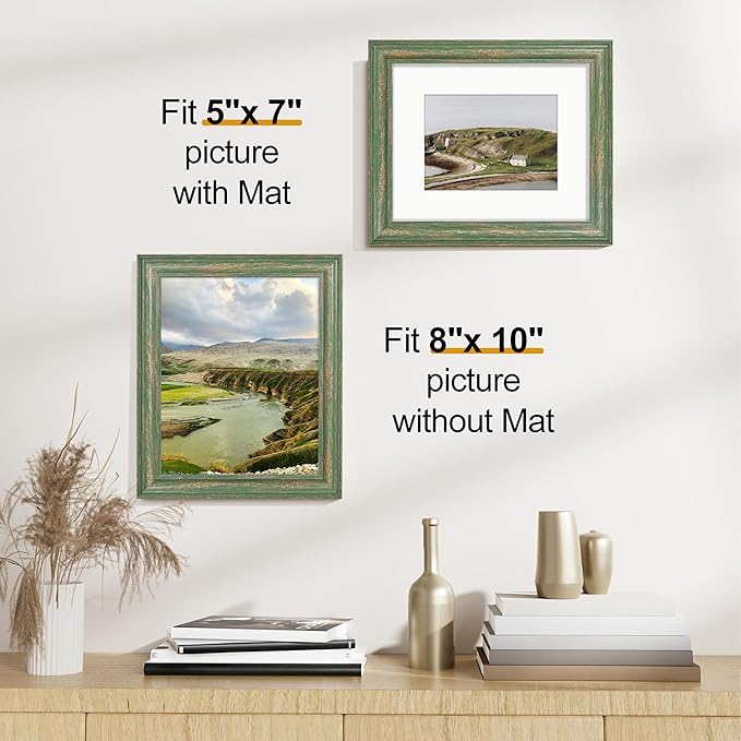 Vittanly 8x10 Picture Frames Set of 2, Ornate Vintage Photo Frame for Wall or Tabletop, Display 5x7 Pictures with Mat or 8x10 without Mat, Rustic Green