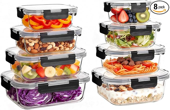 Belgol 8 Pack Glass Meal Prep Containers with Lids, Extra Thick Airtight Food Storage Set (310ml-1510ml/10.5oz–51oz), Leakproof Lunch Boxes for Leftovers