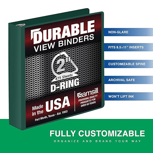 Samsill Durable 2 Inch Binder, Made in The USA, D Ring Binder, Customizable Clear View Cover, Forest Green, Holds 475 Pages