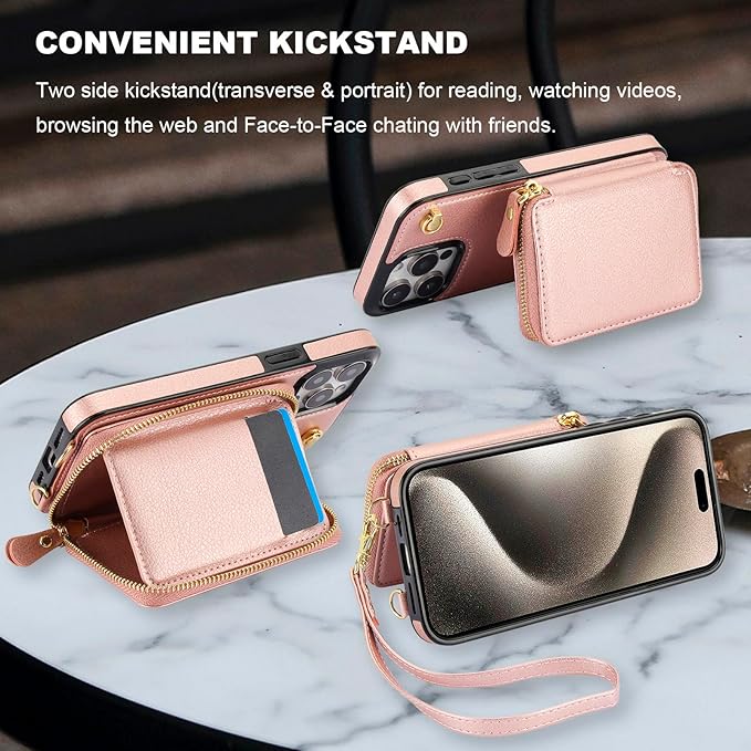 Bocasal for MagSafe Crossbody Wallet Case Compatible with iPhone 15 Pro Max, RFID Blocking Protective Purse Case with Card Slots Holder Kickstand Wrist Strap Lanyard Zipper 6.7 Inch 5G (Rose Gold)