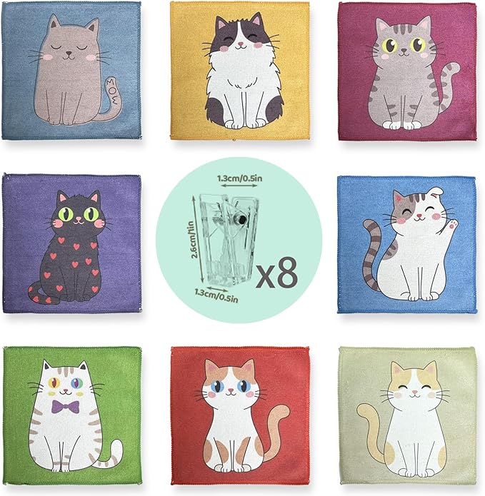 8-Pack Ultra-Fine Microfiber Kitchen Towels, 7-Inch Square with 8 Clips & Multiple Patterns – Soft, Absorbent, Reusable Cleaning Cloths (Cats)