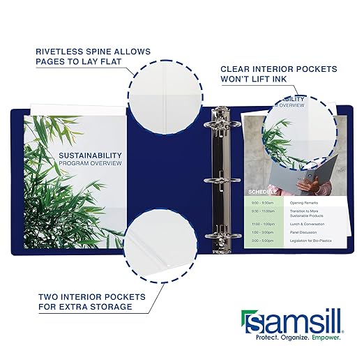 Samsill Durable 3 Inch Binder, Made in The USA, D Ring Binder, Customizable Clear View Cover, Dark Blue, Holds 625 Pages