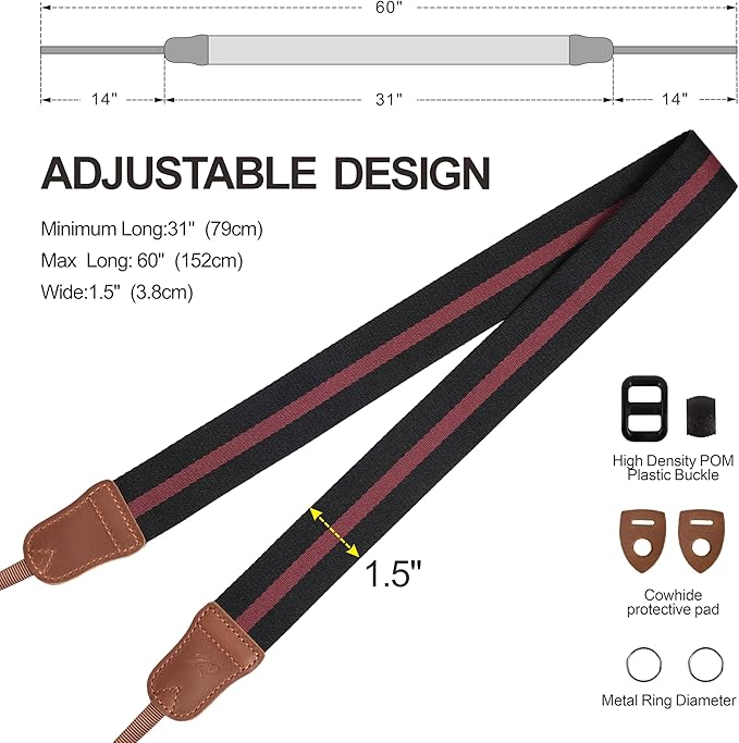 Padwa Lifestyle Stripes Camera Strap - Double Layer Crazy Horse Cowhide End,1.5" Wide Pure Cotton Camera Straps,Adjustable Neck Shoulder Strap for All DSLR Cameras,Gift for Photographers(Red Black)