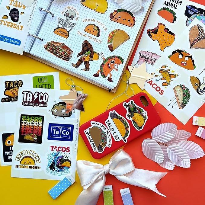 BulbaCraft 100Pcs Funny Taco Stickers and Decals for Adults, Taco Party Decorations, Gifts for Women & Men