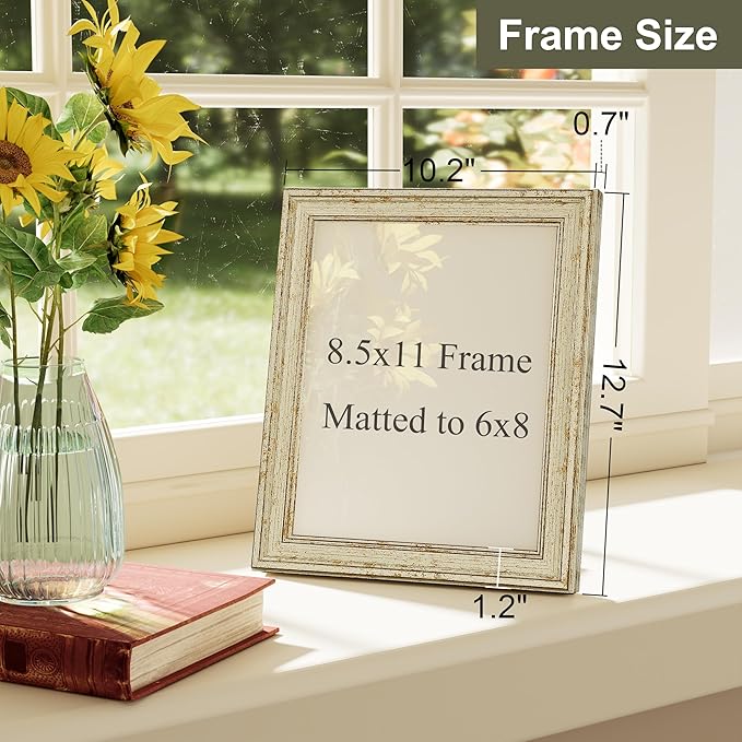 Vittanly 8.5x11 Picture Frame Set of 4, Vintage Photo Frame for Wall Mount, Display 6x8 Pictures with Mat or 8.5x11 without Mat, Rustic Farmhouse Home Decor, Green Gold