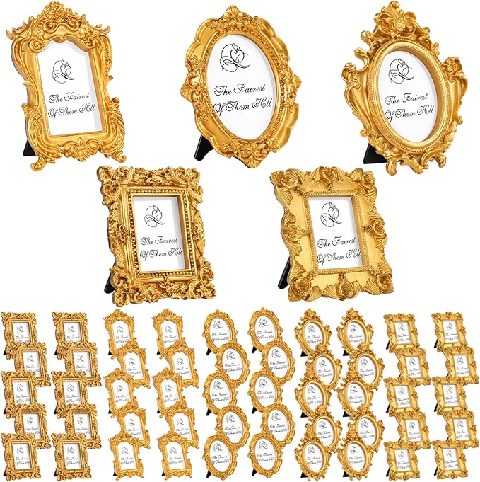 Maitys 60 Pcs Mini Picture Vintage Frames with Stands Tiny Antique Photo Baroque Ornate Resin Oval Frame Table Top Display Home Wedding Decor (Gold)