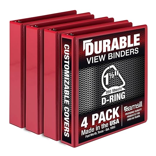 Samsill Durable 1.5 inch 3 Ring Binder, Made in USA, D Ring Binder, FSC 100% Recycled Chipboard, Red, 4 Pack