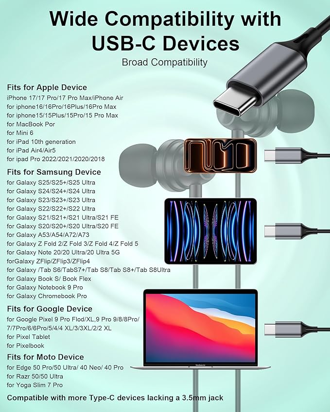 USB C Wired Ear Buds Earbuds for iPhone 17 16 15 Pro Max Air 16e Plus,in-Ear Earphones,USBC Headphones Wired Type C Earbuds Earphones for Samsung Galaxy S25 S24 A16 A17,Google Pixel, OnePlus, iPad