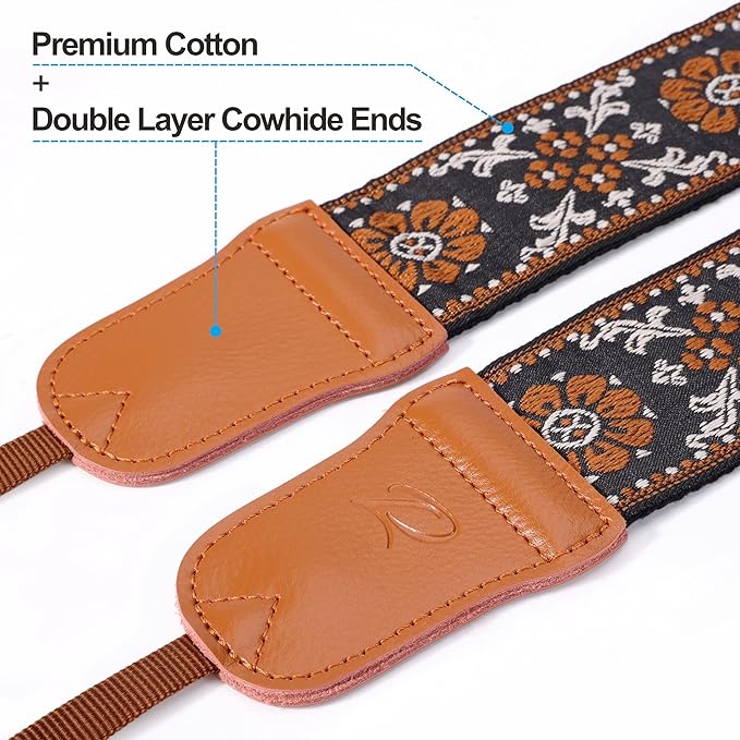 Padwa Lifestyle Camera Strap - 2" Wide Double Layer Cowhide Head Cotton Strap,Vintage Jacquard Embroidery Universal Neck & Shoulder Camera Straps for Photographers and All DSLR Cameras (Brown flower)