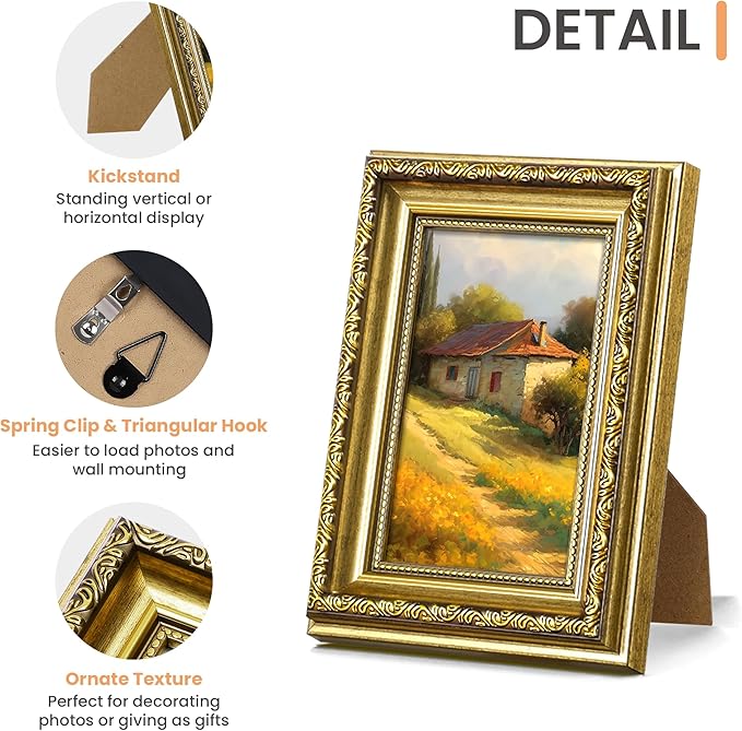 upsimples 4x6 Picture Frame with Real Glass, Ornate Vintage 4 x 6 Photo Frames for Wall Decor or Tabletop Display, Gold, 2 Pack