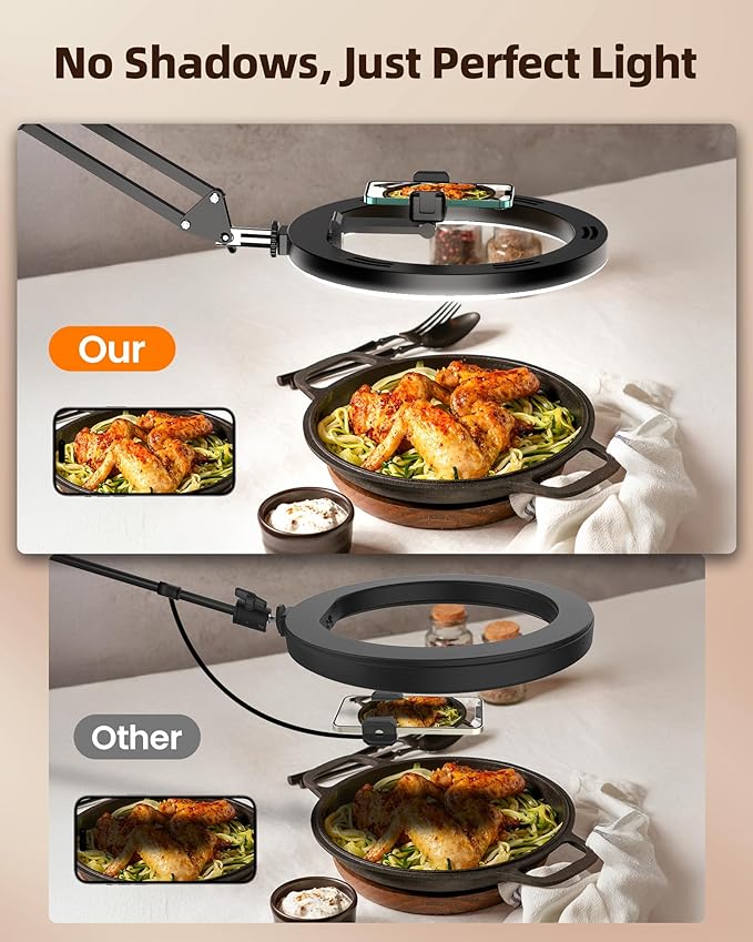 Overhead Phone Mount with Ring Light Phone Holder,10" LED Ring Light for Desk with Stand and Remote for iPhone,Phone Tripod with Light for Video Recording TikTok Live Stream Cooking Kitchen Vlogging