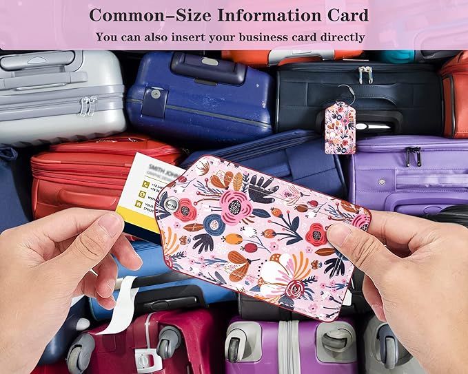 (Set of 2) Luggage Tag Leather Privacy Cover ID Label Address Card with Stainless Steel Loop, Travel Bag Tags Suitcase Labels, Pink Flowers