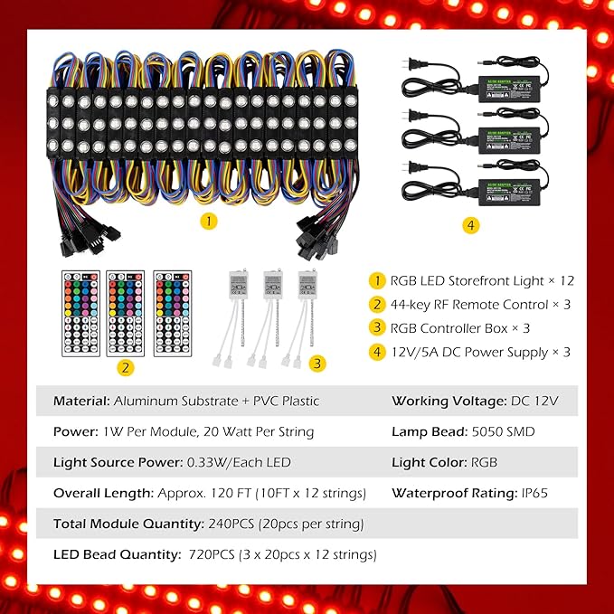 Dyna-Living LED Storefront Lights 120FT Commercial RGB Window Lights for Store Front Decorative 240PCS 3-LED 5050 SMD RGB Module for Signs IP65 Waterproof Strip Light for Business (12 Packs-Black)