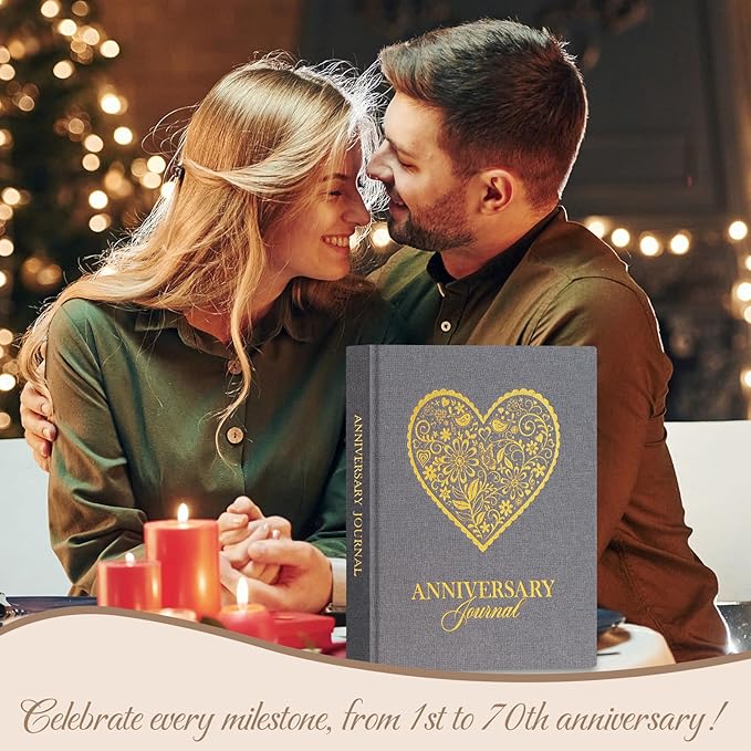 Lanpn Wedding Anniversary Journal Book, Linen Dating 1st to 70th Couple Memory Book Wedding Scrapbook, 190 Pages Love Stories Notebook Newlywed Marriage Anniversary Bridal Shower Gift, Grey