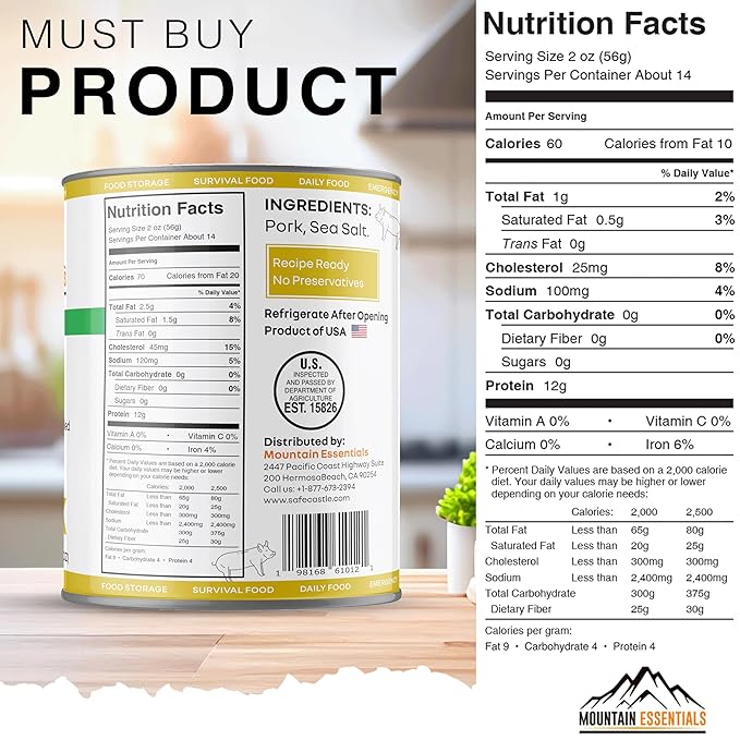 MOUNTAIN ESSENTIALS Canned Pork 28 Oz – Fully Cooked, Ready to Eat – Pantry Staple Canned Meat for Everyday Meals, Emergency Survival & Bulk Food Storage – 5-Year Shelf Life – Made in USA – 1 Pack