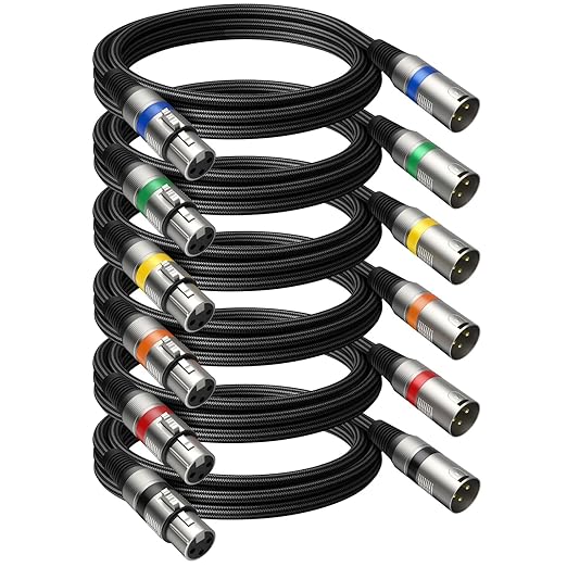 Professional 6 Pack 6FT XLR Cables, Noise Free and Long-Lasting Braided XLR Microphone Cable, All Copper Conductors Balanced Male to Female Mic Cable for Studio Monitor, Mixer, DMX, Colorful