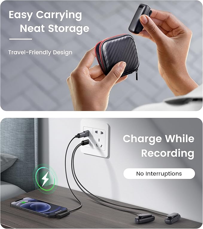 Mini Wireless Lavalier Microphone for iPhone/Android/Laptop, Plug & Play mini Mic with USB C Receiver and Lightning Adapter, Noise Reduction Clip on Wireless Microphone for TikTok, YouTube