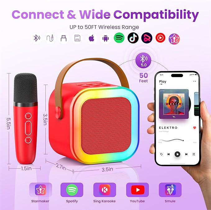 Karaoke Machine for Kids Adults, Portable Bluetooth Speaker with 2 Wireless Karaoke Microphones, 2026 TOP Birthday for Girls Boys 3,4,5,6,7,8+Year Old Toddler Toys Karaoke Player(Red)