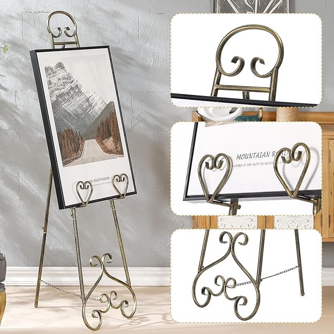 56" Extra Large Adjustable Vintage Floor Easel Stand with Chain Support, Heavy Duty Metal Foldable Display Easel for Wedding Signs Mirrors & Art