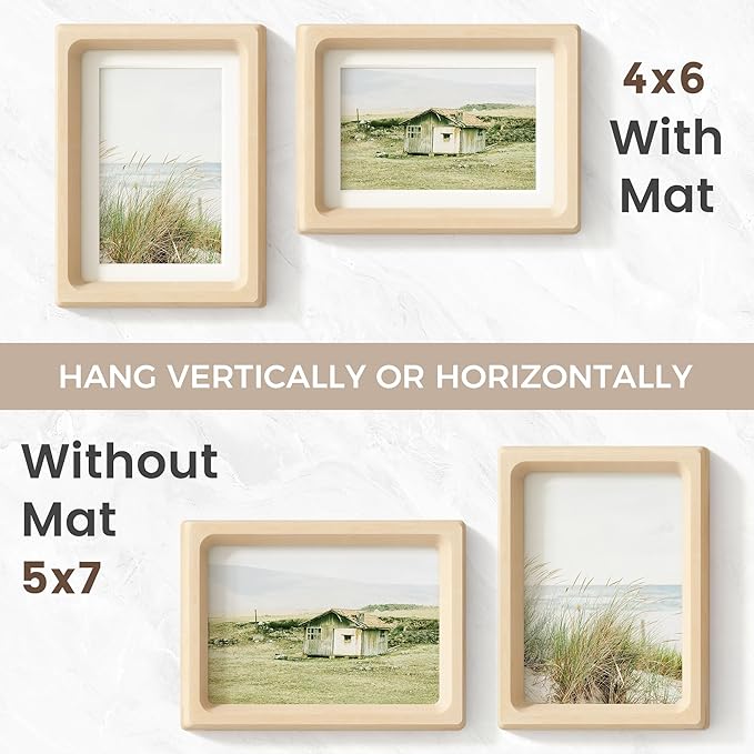 5x7 Picture Frame, USA-Sourced Natural Maple Wood Photo Frame with Tempered Glass, Handcrafted Rounded Corner 5 x 7 Wooden Frame Matted to 4x6 Photos, Wall or Tabletop Display