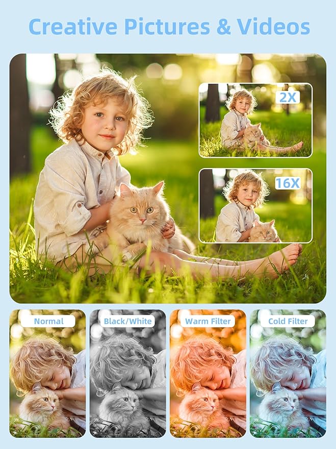 Camkory Digital Camera for Kids，Teens and Starters, FHD 1080P Point and Shoot Camera with 32GB Card 16X Zoom Anti Shake, Gift for Boys Girls Kids, White