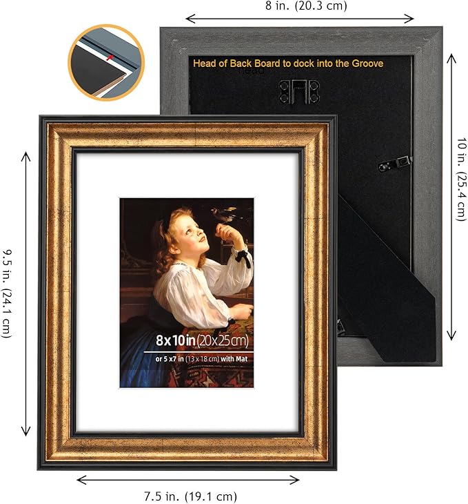 8x10 Real Wood Antique Gold with Dark Brown Trim Picture Frame - Easel Stand, Sawtooth Hanger - Landscape, Portrait Display, Matted for 5x7 Photos, Frinearts