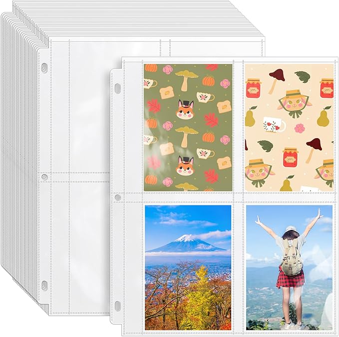VOKOY 50 Pack 3.5" x 5" Clear Photo Sleeves for 3 Ring Binder, Double Sided 4-Pocket Sheet Protectors Archival Photo Album Index Card Refill Pages Storage Pockets Organizer, 400 Pockets