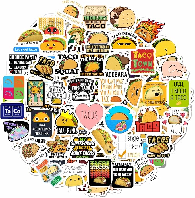 BulbaCraft 100Pcs Funny Taco Stickers and Decals for Adults, Taco Party Decorations, Gifts for Women & Men