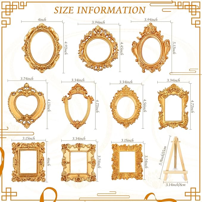 Remerry 10 Pcs Gold Vintage Picture Frame Antique Mini Frame Small Photo Display Miniature Tiny Resin Jewelry Display 4 Inch Wooden Stand for Home Wedding