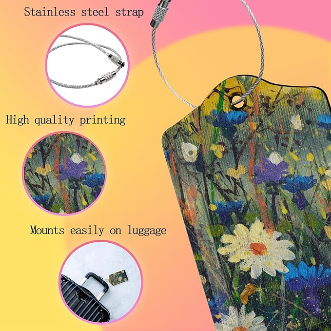 2 Pack Luggage Tags for Suitcases,White Daisies Flower Blue Cornflowers Leather Cruise Suitcases Tag with Stainless Steel Loop Privacy Cover Travel Bag Tags Luggage Identifiers for Women Girl Suitcase
