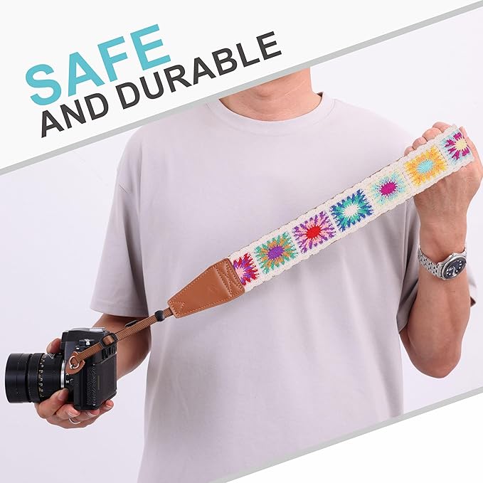 Padwa Lifestyle White Crochet Camera Strap - 2" Full Grain Leather Ends Camera Straps for Photographers, Vintage Embroidered Cotton Soft Suede Fabric Padded Strap with Quick Release fits All Cameras