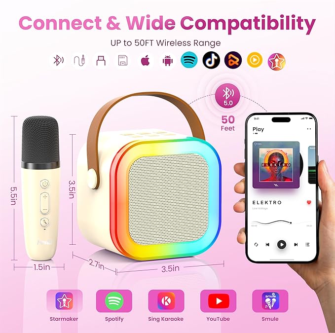 Karaoke Machine for Kids Adults, Portable Bluetooth Speaker with 2 Wireless Karaoke Mics Player,2026 TOP Birthday Gifts Toys for Girls 3,4, 5, 6, 7, 8+Years Old Toddler(Light Beige)