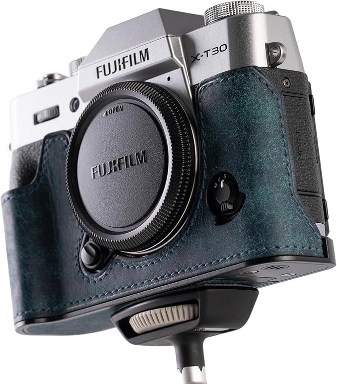 Handmade Genuine Leather Camera Half Case for FUJIFILM X-T30III /FUJIFILM X-T30III Camera Case/FUJIFILM X-T30III Case - Top Layer Cowhide Body + Metal Base Plate (Matte-Blue)