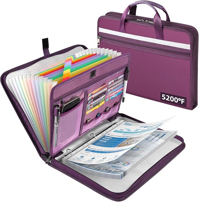 5200℉ Fireproof Document Organizer with 13 Accordion Expanding File Folder, Aluminum Foil Zipper Binder with 30 A4/Letter Sheet Protector, Binder for School Office Home Storage (Purple)
