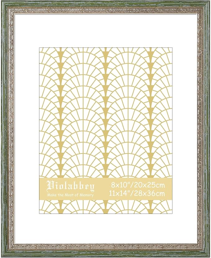 VIOLABBEY 11x14 Picture Frame Green Gold, Display 8x10 Photo with Mat or 11x14 without Mat, Ornate Vintage 11 x 14 Frame for Wall Decor or Tabletop Display, Green Gold