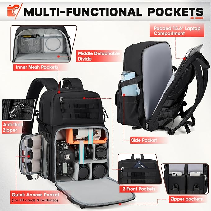 RAINSMORE Camera Bag Backpack for DSLR/SLR/Mirrorless Camera Bags for Photographers 15.6 Inch Waterproof Tactical Photography Backpack Case with Rain Cover & Tripod Holder, Black