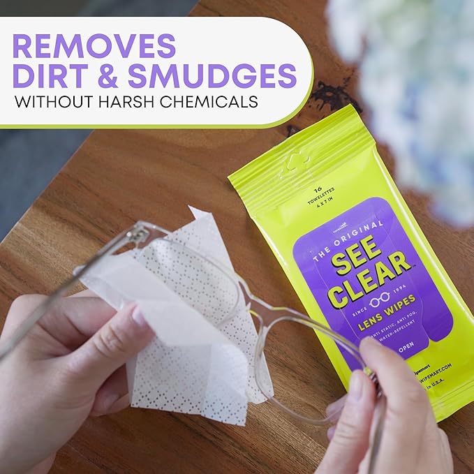 Wipemart See Clear Original Lens Cleaning Wipes - Pre-Moistened Eyeglass & Screen Cleaning Cloth Towelettes - Streak Free, Scratch Free Lens & Electronic Screen Cleaner - 24 Resealable Packs of 16