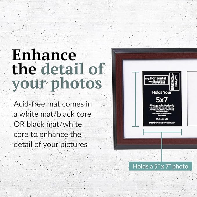 Creative Letter Art 5 Opening Glass Face Mahogany Picture Frame to hold 5 by 7 inch Photographs including 10x32-inch White Mat Collage
