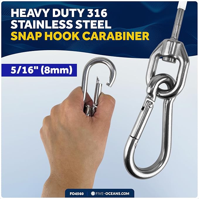 Five Oceans 12-Inch Anchor Safety Straps, Heavy Duty 7x19 PVC Coated Stainless Steel 6mm Wire Rope, Includes 5/16-Inch Carabiner Snap Hook and 5/16-Inch U-Bolt - FO4560