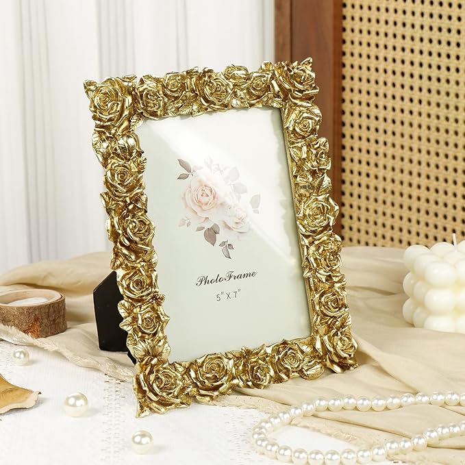 Cuspin 5x7 Picture Frame Vintage Gold Frames, Gold Ornate Rose Flower Resin Photo Frame with Glass Front for Wall Hanging or Tabletop Display, Elegant Home Decor