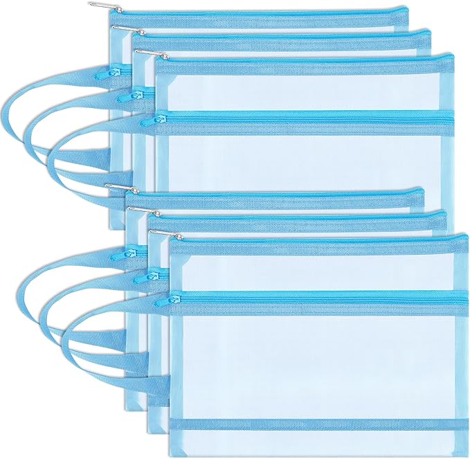 Fassave 6 Pack Mesh Zipper Pouch Bags, Double Layer Nylon Pouch with Handle for Office Travel Organization (Blue, A4)