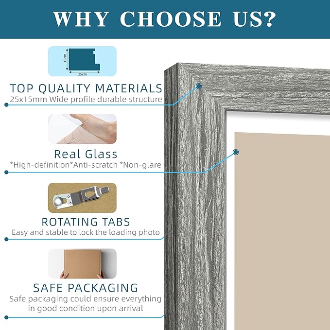 4x6 Picture Frame Set of 4, Made of Real Glass and Grey Wooden Frame, 4 by 6 Photo for Wall or Tabletop - Display Picture 3.5x5 with Mat or 4x6 Without Mat