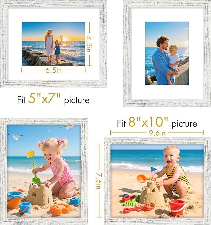 Vittanly 8x10 Picture Frame, Made of Solid Wood and Shatterproof Plexiglass, Display Pictures 5x7 with Mat or 8x10 without Mat, Wooden Photo Frame for Wall or Tabletop, Distressed White, 1 Pack