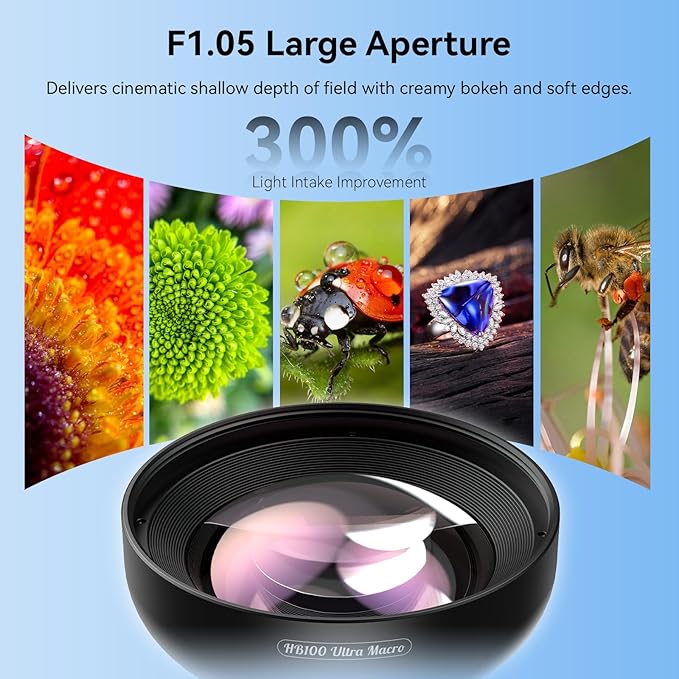 Upgraded Professional Macro Lens for Smartphone with Ring Light, HB100U Macro Photography Lens, Aluminum Phone Camera Lens Kit with Universal Clip. Phone Lens Attachment Fit for iPhone/Android Phone